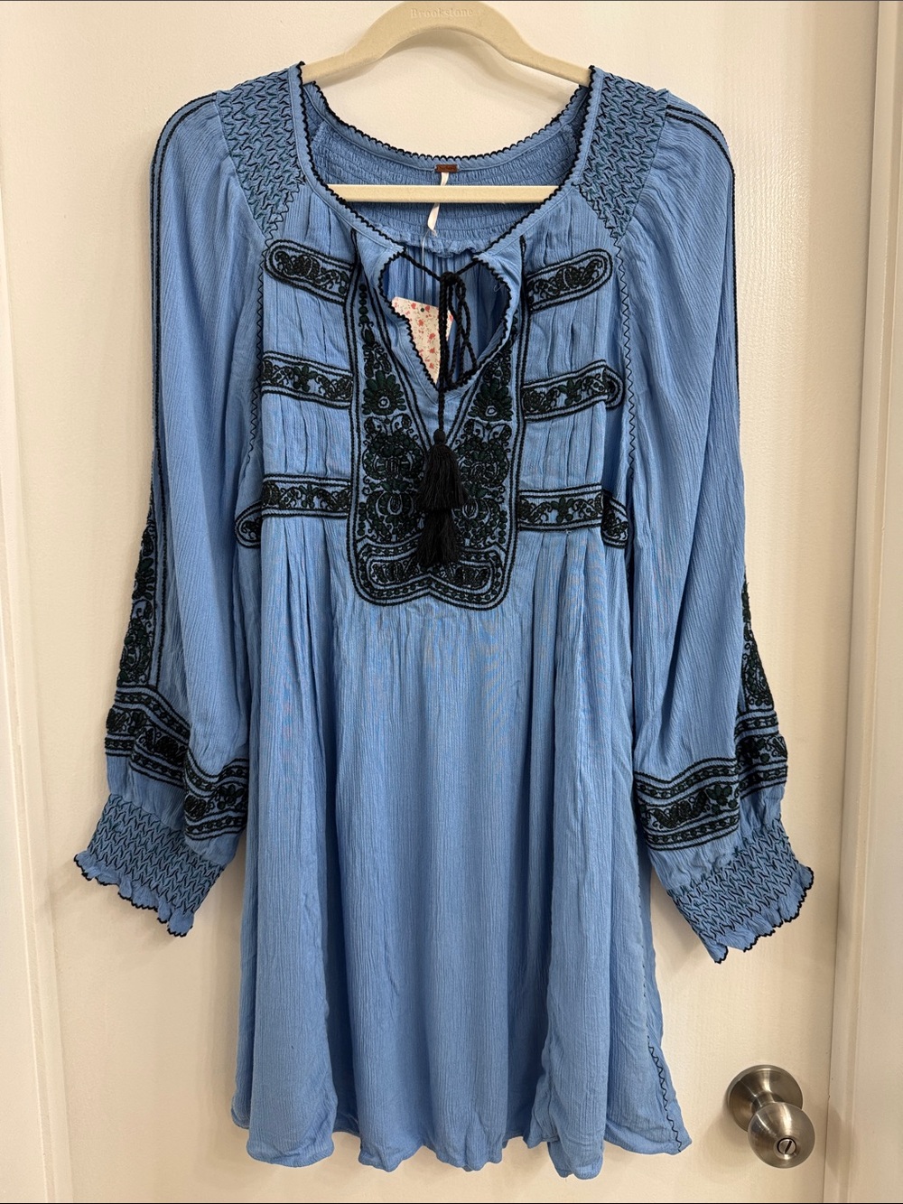 Free People Light Blue Embroidered Long Sleeve Boho Dress